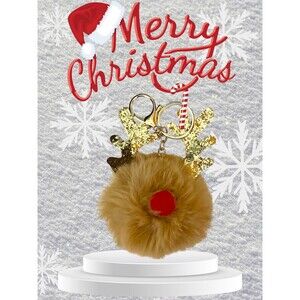 Sequined Reindeer Keychain Purse Charm - Plush Antlers Key Rings w/Lobster Clasp